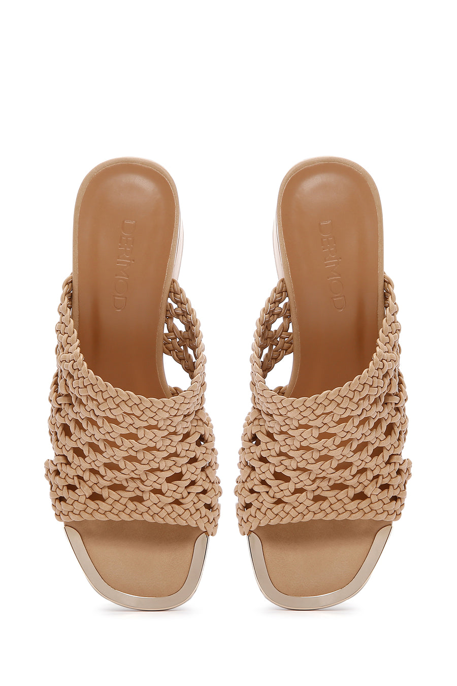 Women's Beige Heeled Woven Patterned Slippers
