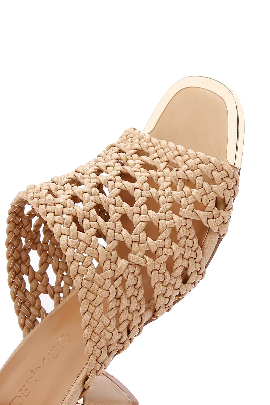 Women's Beige Heeled Woven Patterned Slippers