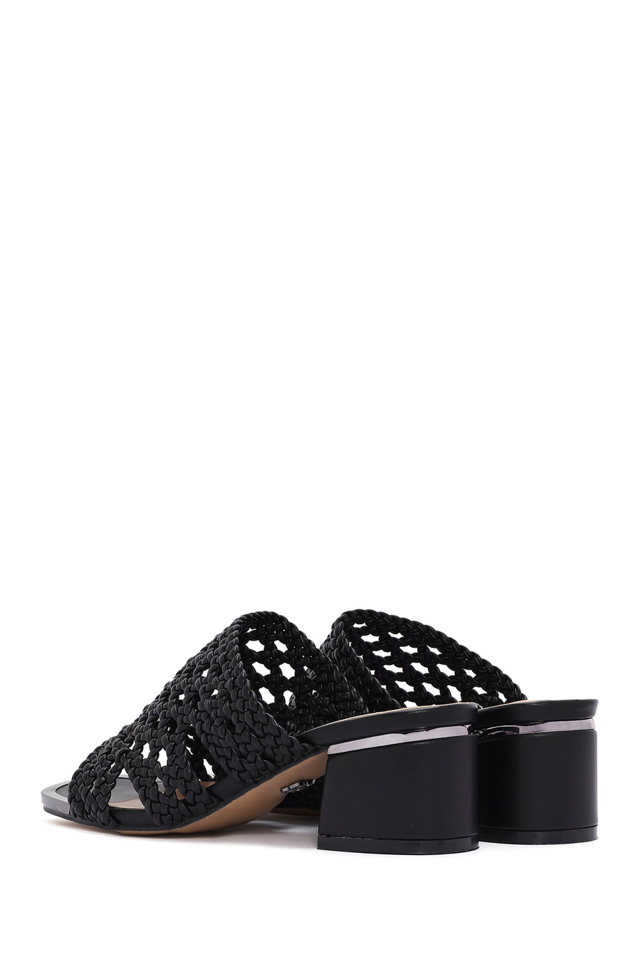 Women's Black Heeled Woven Patterned Slippers