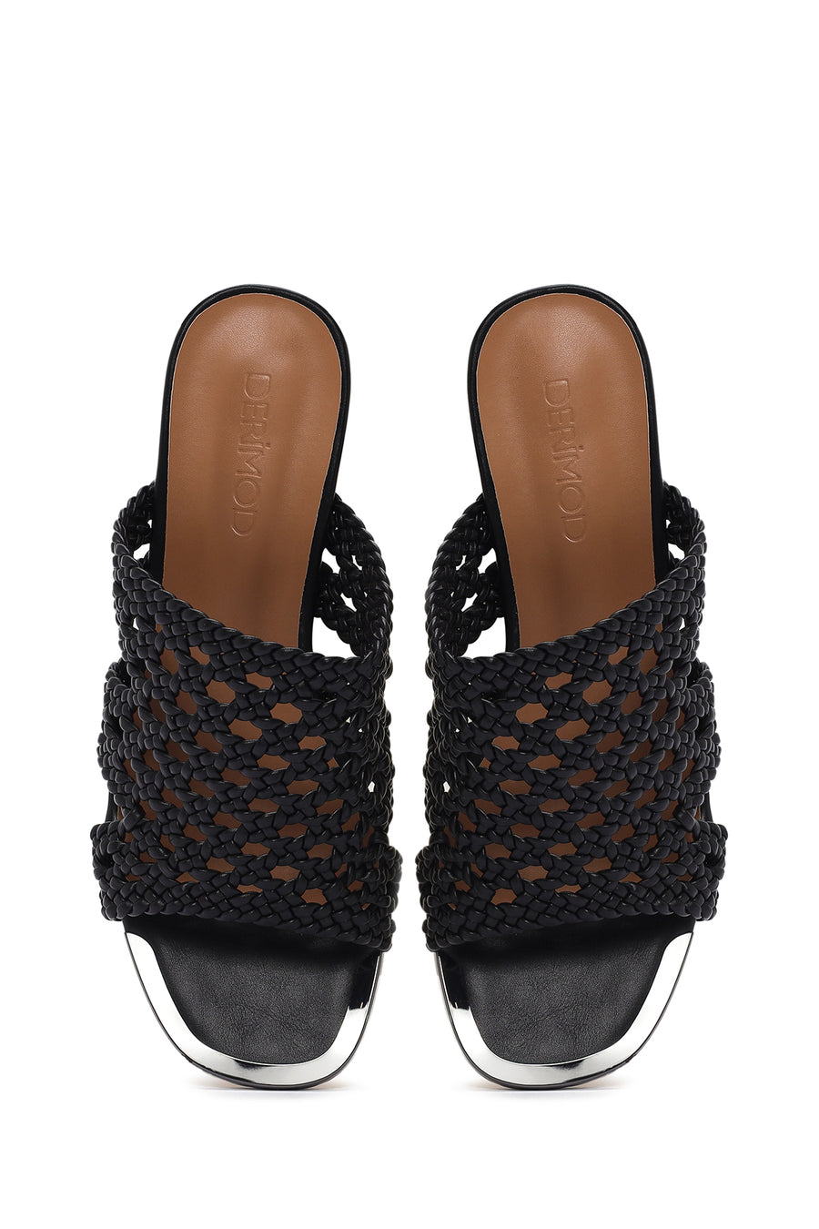 Women's Black Heeled Woven Patterned Slippers