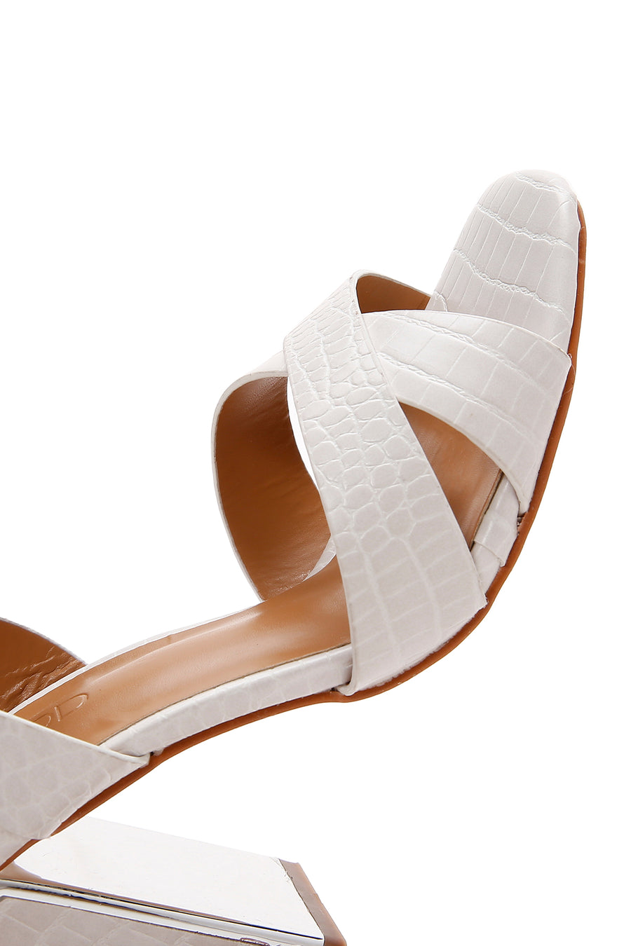 Women's White Ankle Strap Crocodile Patterned Heeled Sandals
