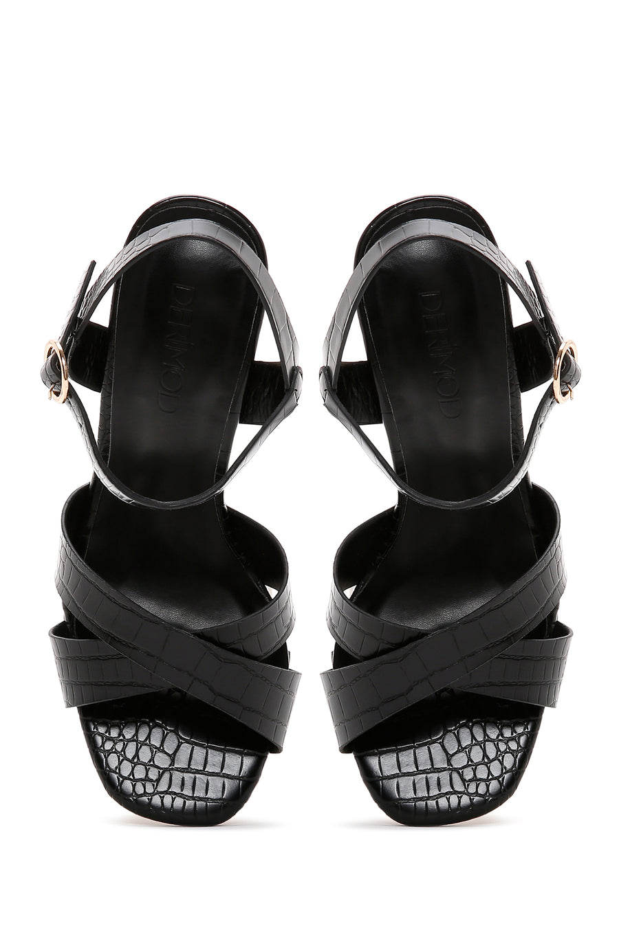 Women's Black Ankle Strap Crocodile Patterned Heeled Sandals