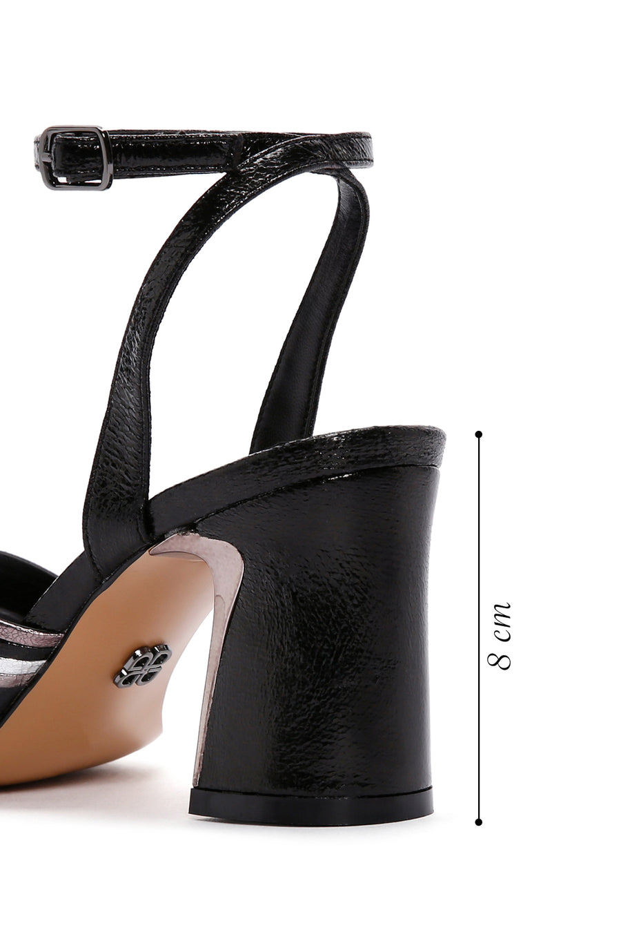 Women's Black Ankle Strap Metallic Heeled Sandals