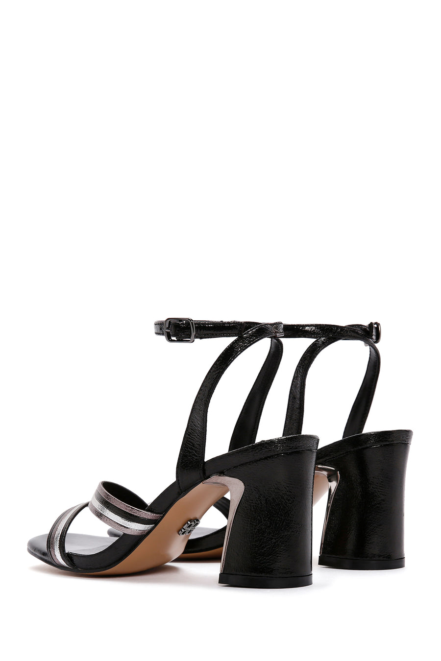 Women's Black Ankle Strap Metallic Heeled Sandals