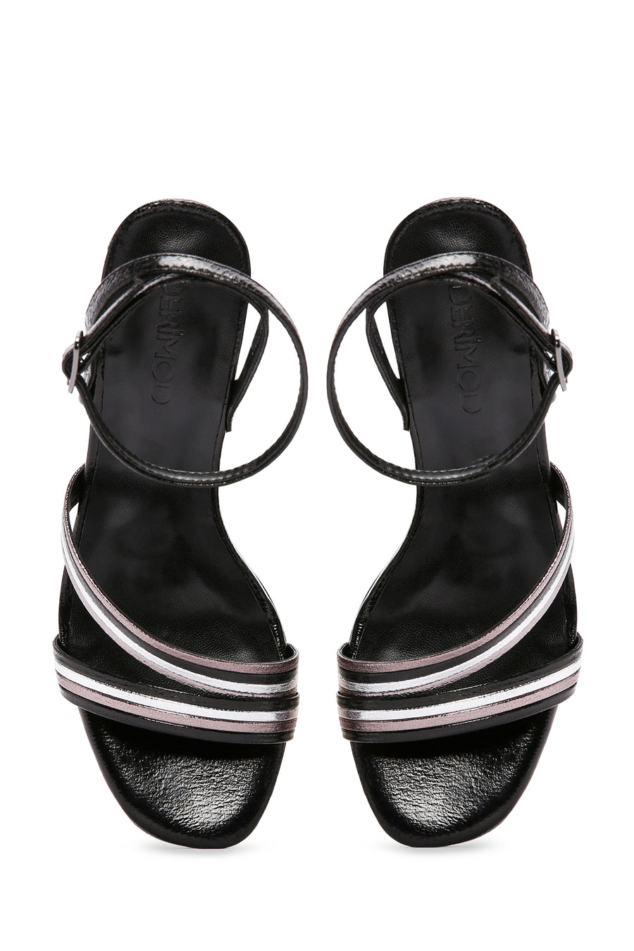 Women's Black Ankle Strap Metallic Heeled Sandals