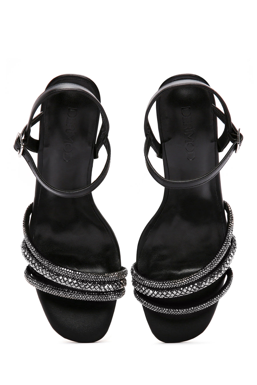 Women's Black Ankle Strap Stone Heeled Sandals