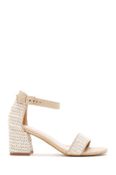 Women's Beige Ankle Strap Short Thick Heeled Straw Sandals | Derimod