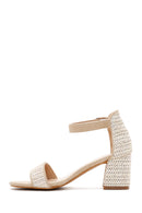 Women's Beige Ankle Strap Short Thick Heeled Straw Sandals | Derimod