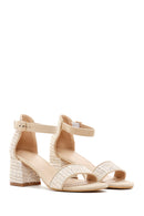 Women's Beige Ankle Strap Short Thick Heeled Straw Sandals | Derimod