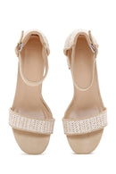 Women's Beige Ankle Strap Short Thick Heeled Straw Sandals | Derimod