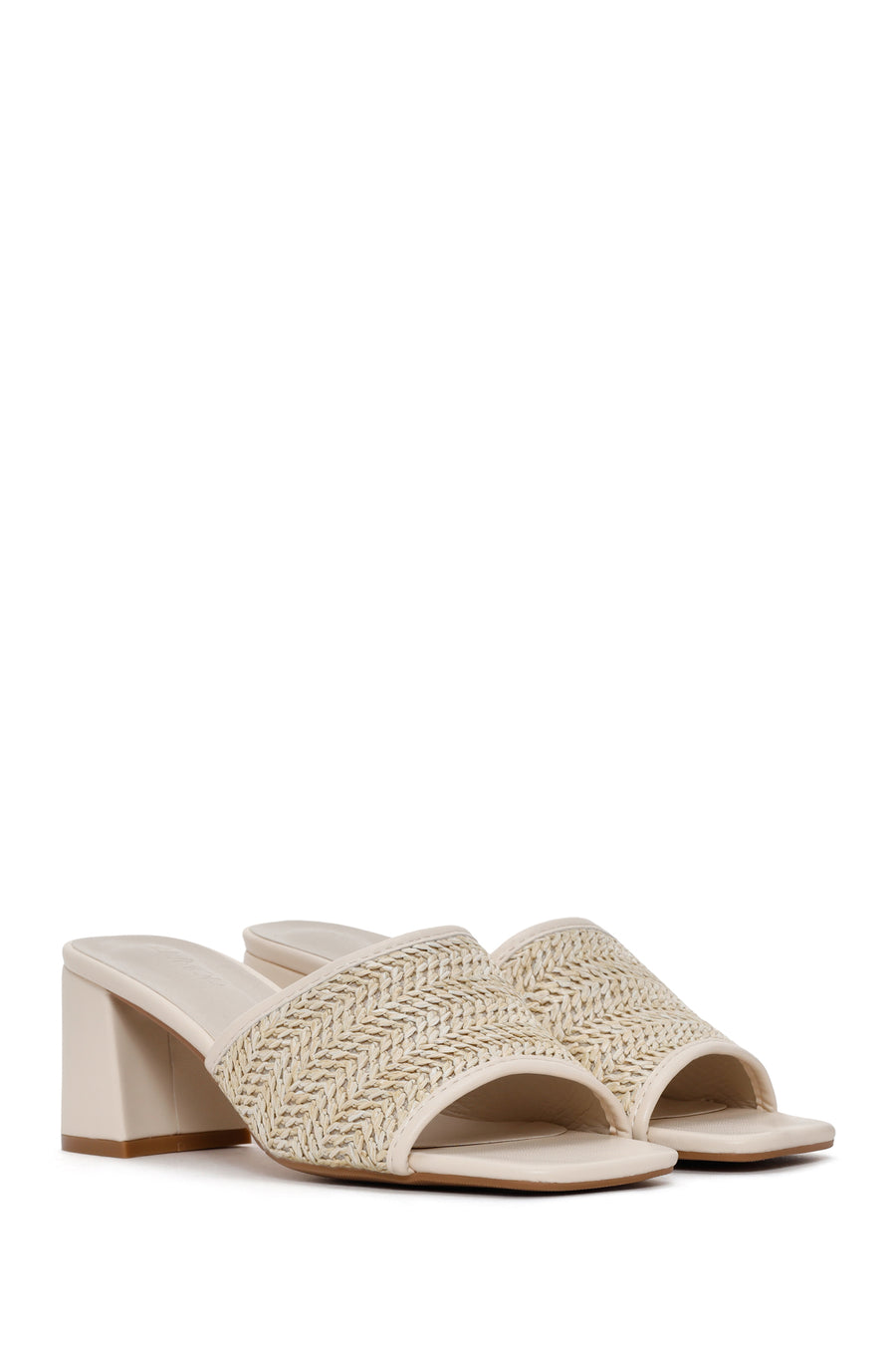 Women's Beige Thick Heeled Straw Slippers