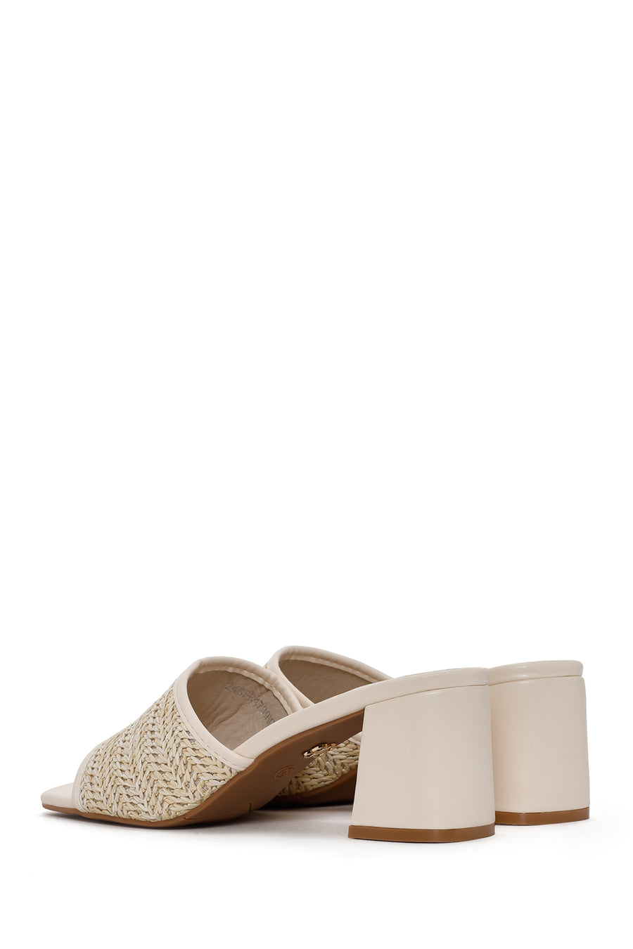 Women's Beige Thick Heeled Straw Slippers