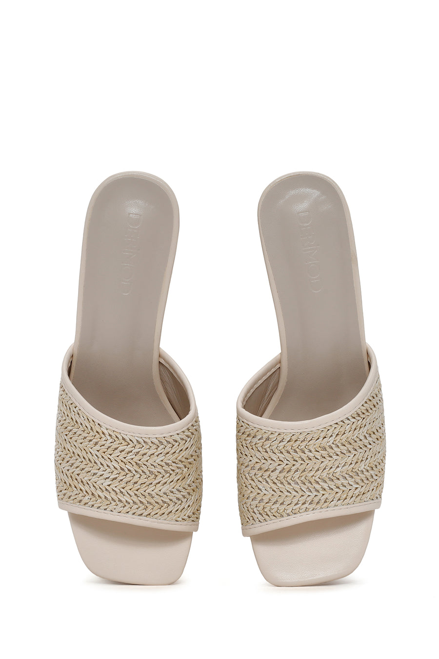 Women's Beige Thick Heeled Straw Slippers