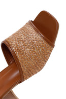 Women's Brown Thick Heeled Straw Slippers | Derimod