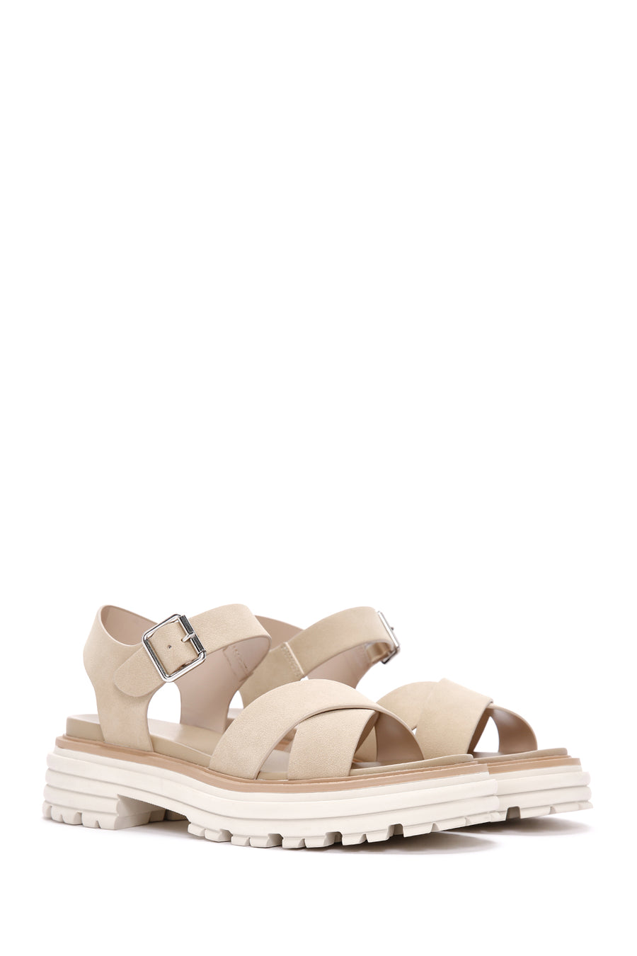 Women's Beige Ankle Strap Thick Soled Nubuck Sandals