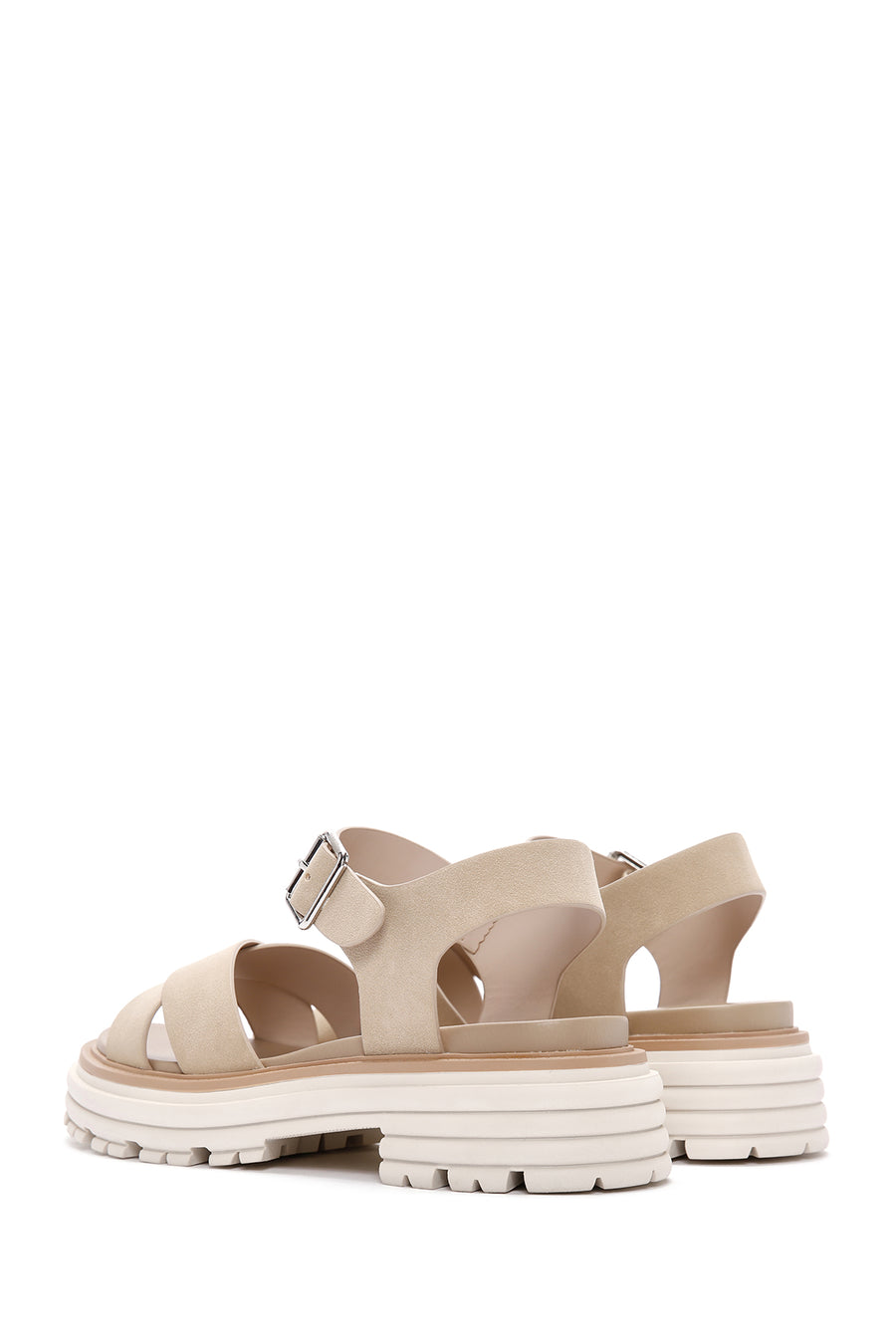 Women's Beige Ankle Strap Thick Soled Nubuck Sandals