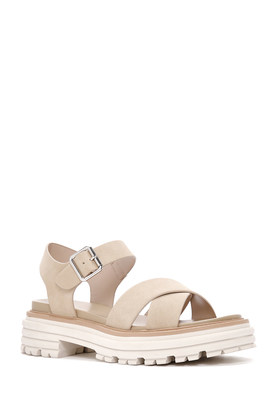 Women's Beige Ankle Strap Thick Soled Nubuck Sandals