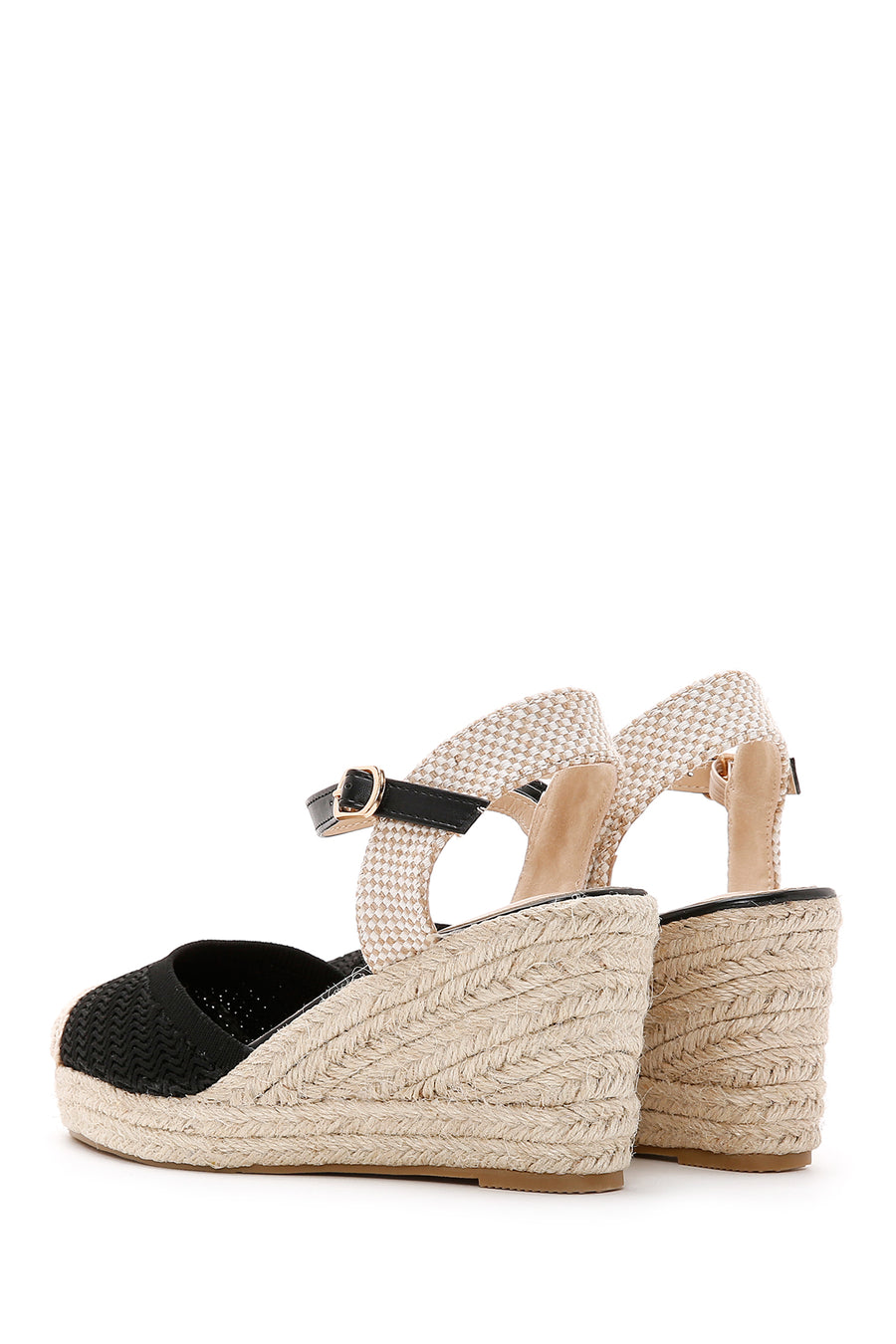 Women's Black Ankle Strap Wedge Heeled Espadrille