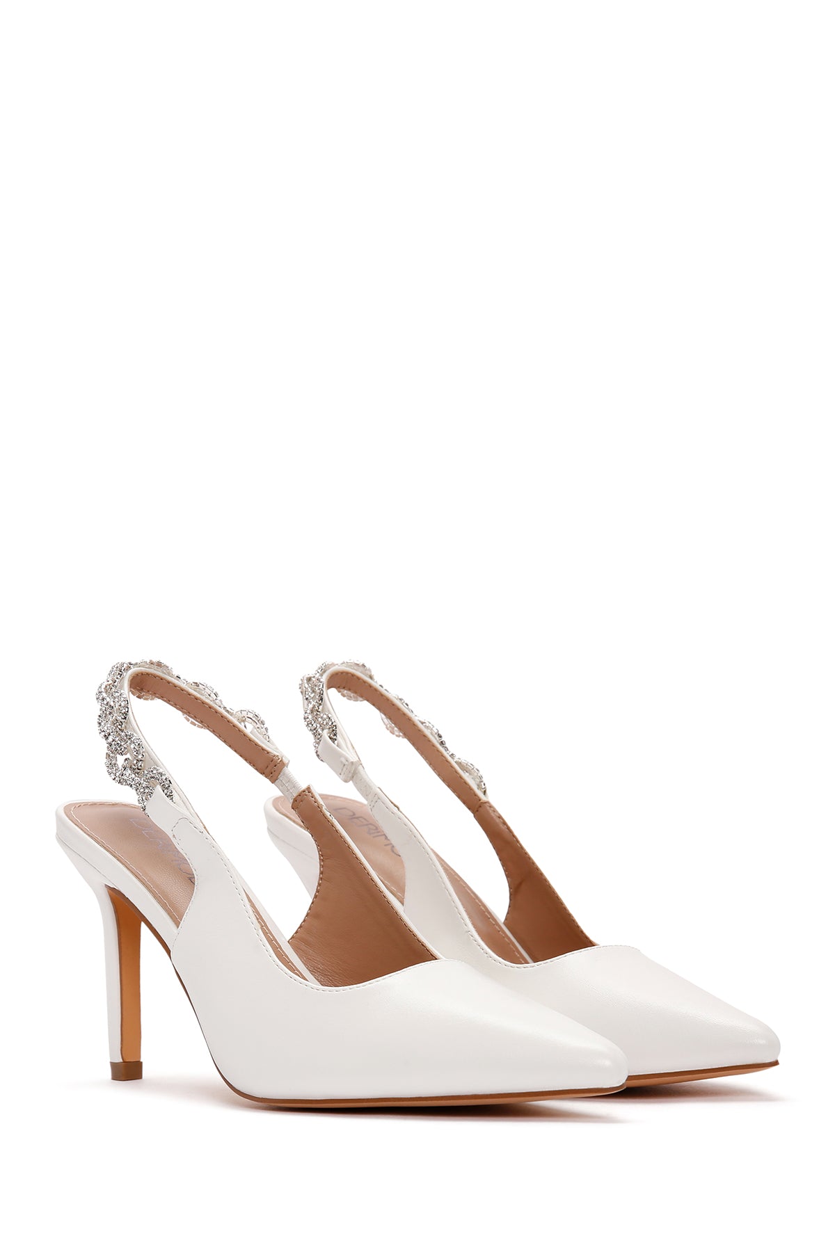 Kadın Beyaz Taşlı Arkası Açık İnce Topuklu Ayakkabı