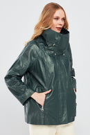 Felicita Women's Green Wide Collar Oversize Leather Coat | Derimod
