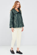 Felicita Women's Green Wide Collar Oversize Leather Coat | Derimod