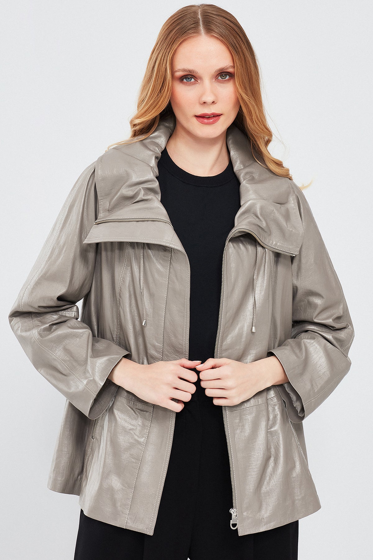 Felicita Women's Gray Wide Collar Oversize Leather Coat 24SGD50891T | Derimod
