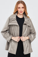 Felicita Women's Gray Wide Collar Oversize Leather Coat | Derimod