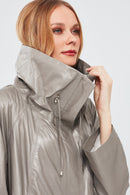 Felicita Women's Gray Wide Collar Oversize Leather Coat | Derimod