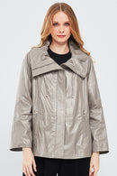 Felicita Women's Gray Wide Collar Oversize Leather Coat | Derimod