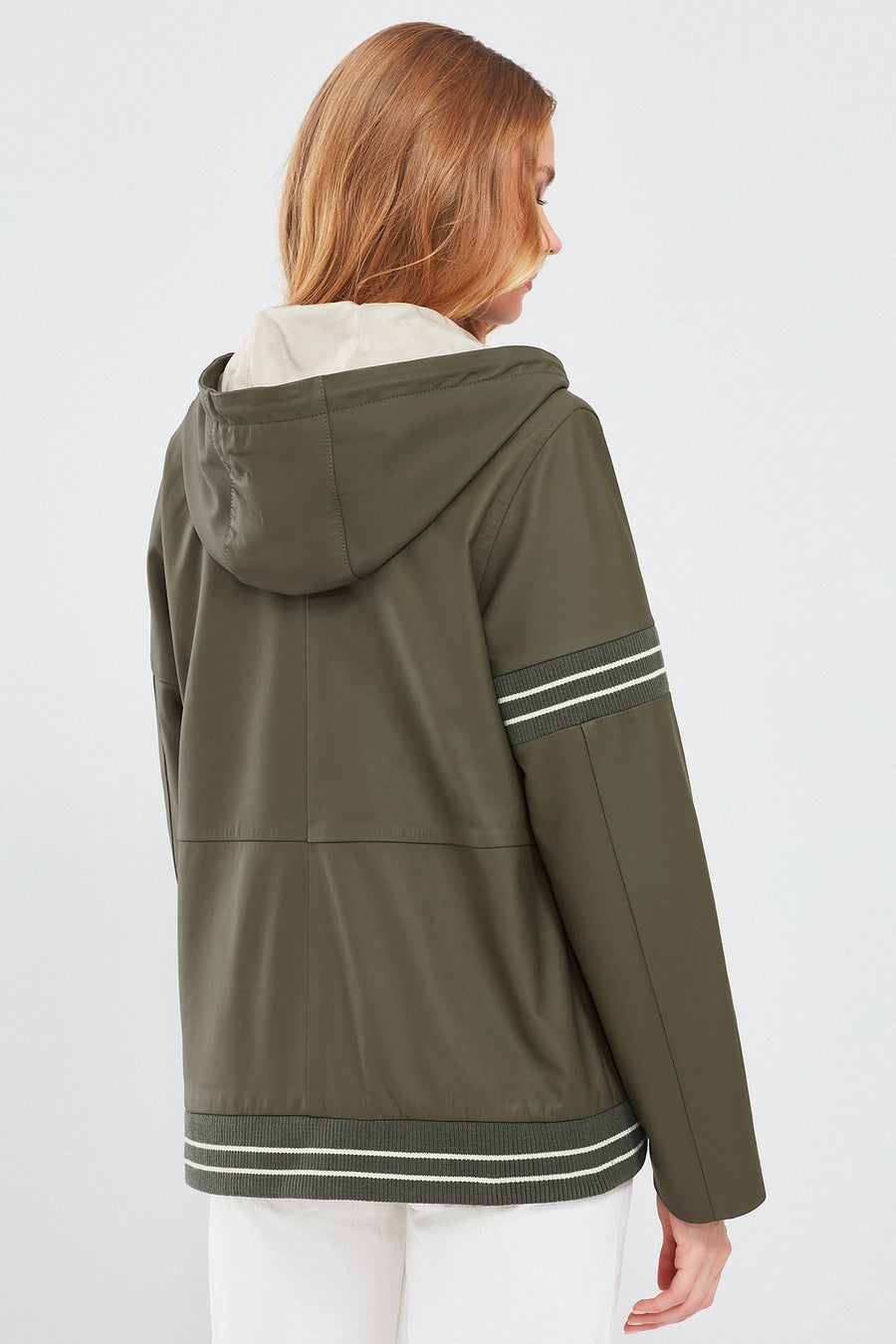 Halley Kadın Haki Kapüşonlu Oversize Deri Mont