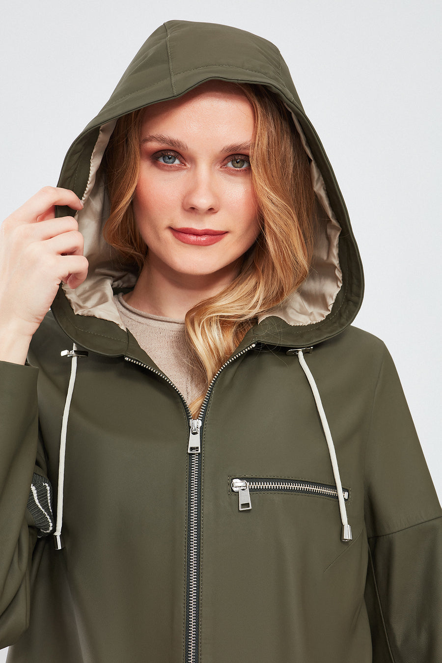Halley Kadın Haki Kapüşonlu Oversize Deri Mont