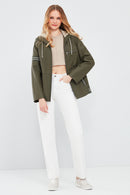 Halley Kadın Haki Kapüşonlu Oversize Deri Mont | Derimod