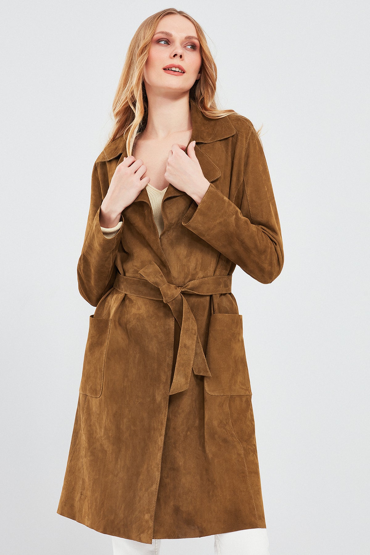 Sardinia Kadın Camel Süet Deri Trençkot 24SGD518010 | Derimod