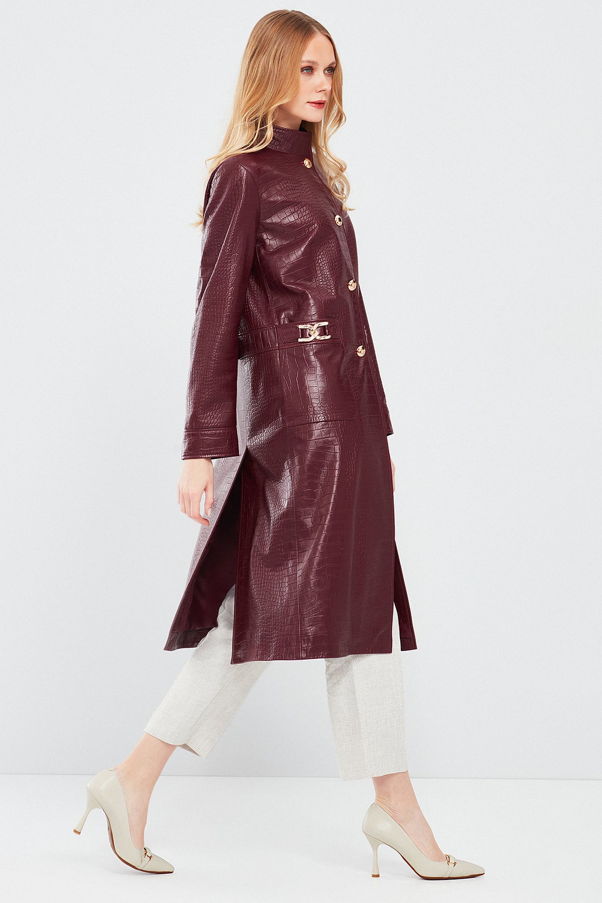 Colette Kadın Bordo Kroko Desenli Deri Pardösü