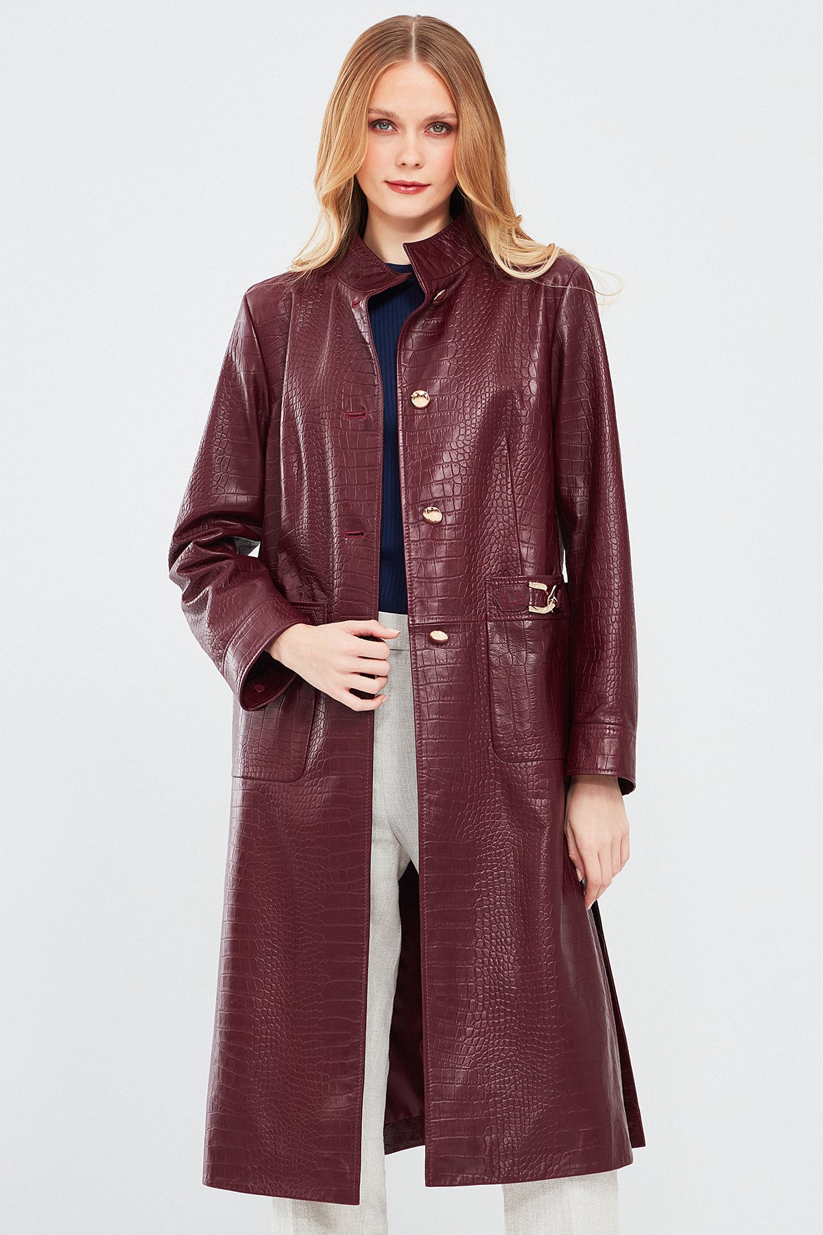Colette Kadın Bordo Kroko Desenli Deri Pardösü