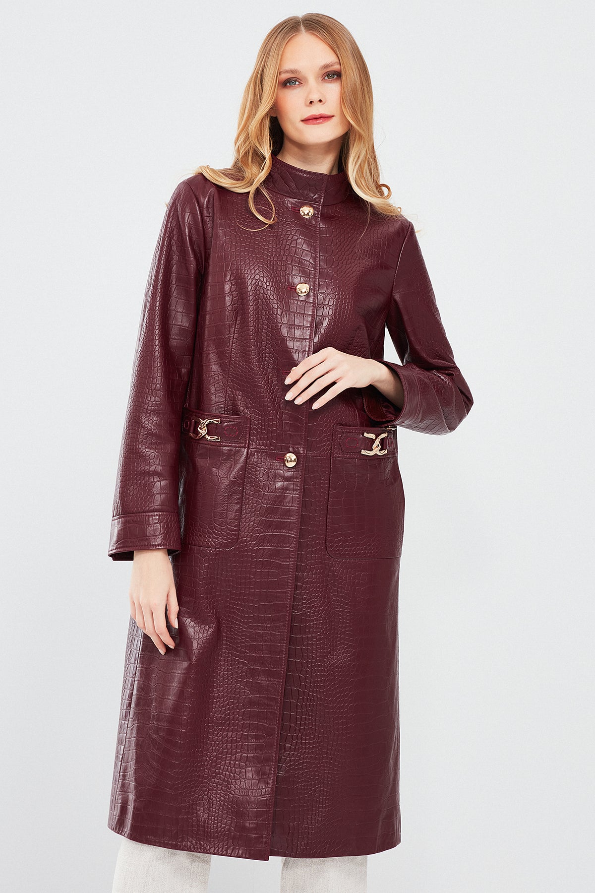 Colette Kadın Bordo Kroko Desenli Deri Pardösü