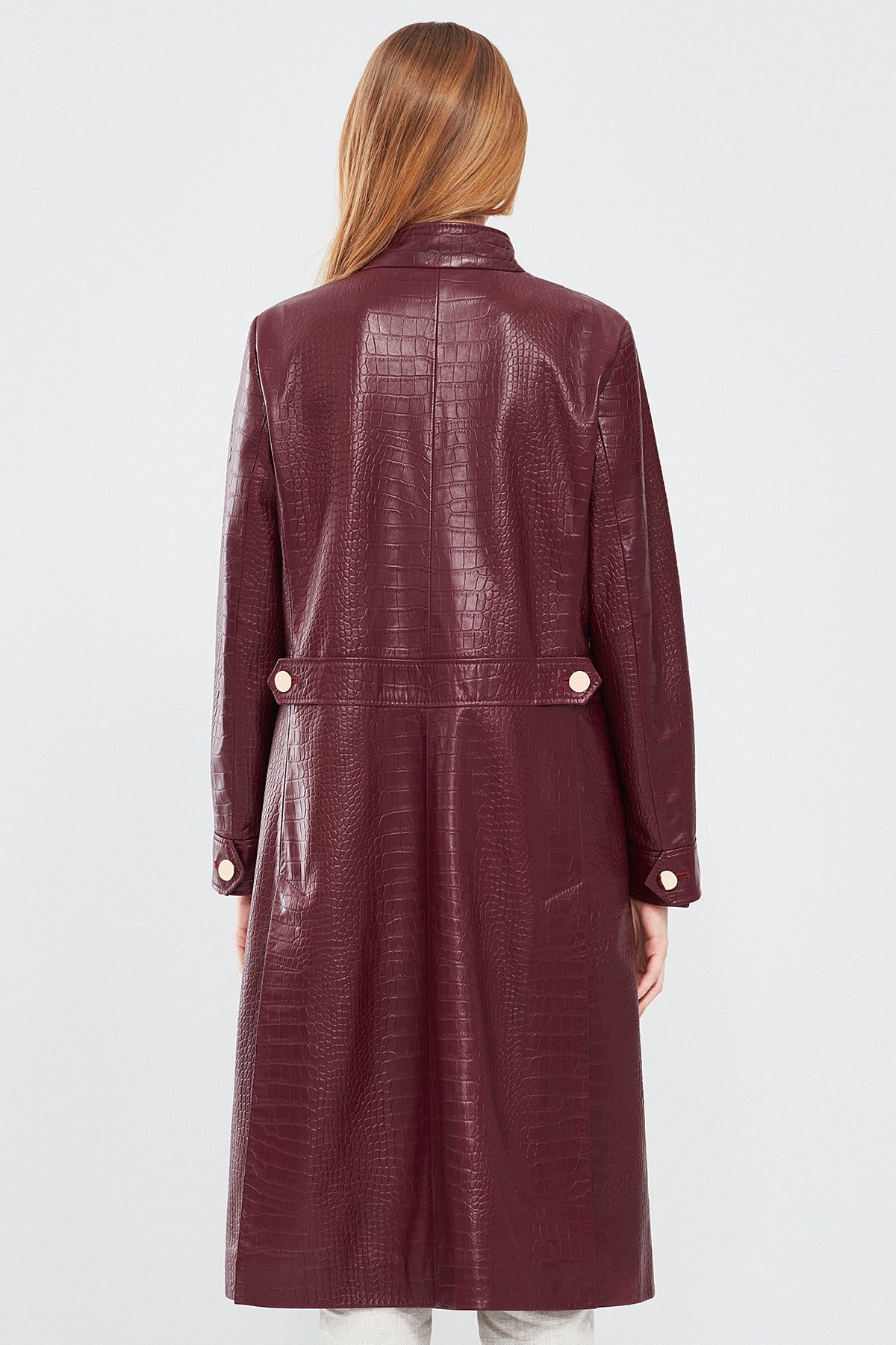 Colette Kadın Bordo Kroko Desenli Deri Pardösü
