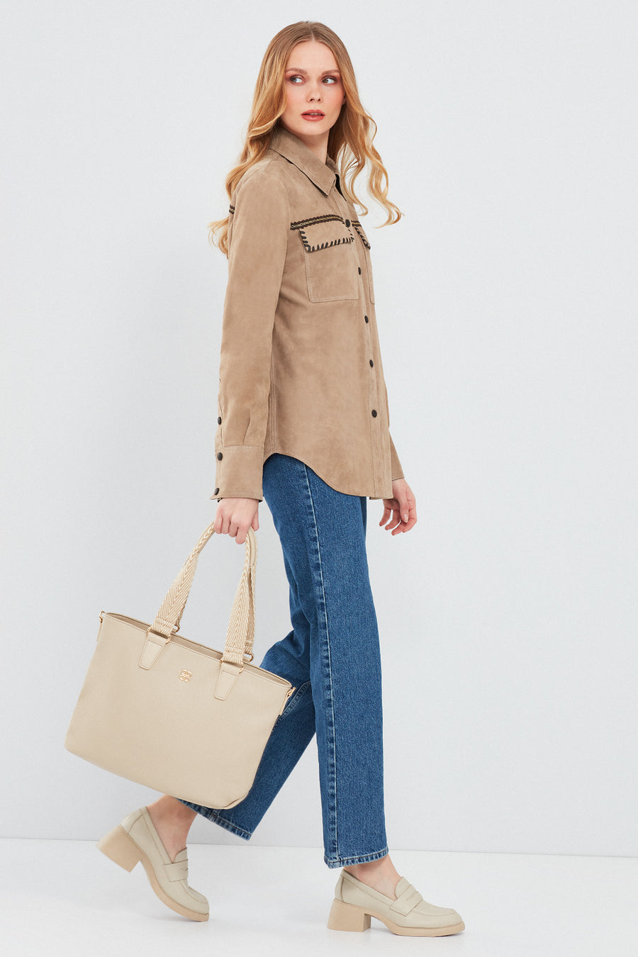 Amalfi Kadın Bej Gömlek Tarzı Süet Deri Ceket