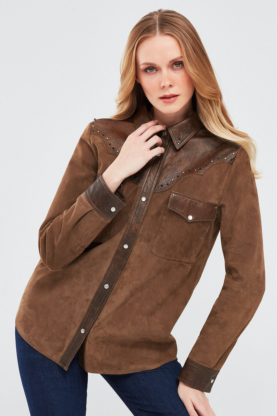 Western Women's Brown Shirt Style Suede Leather Jacket