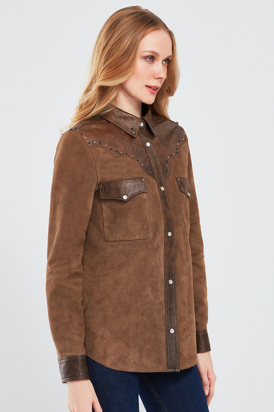 Western Women's Brown Shirt Style Suede Leather Jacket