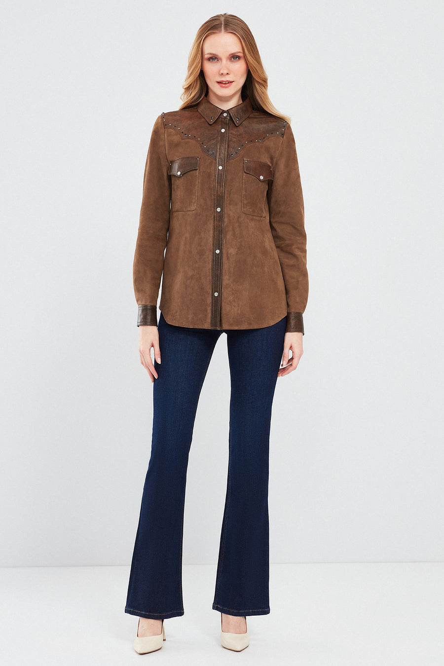 Western Women's Brown Shirt Style Suede Leather Jacket