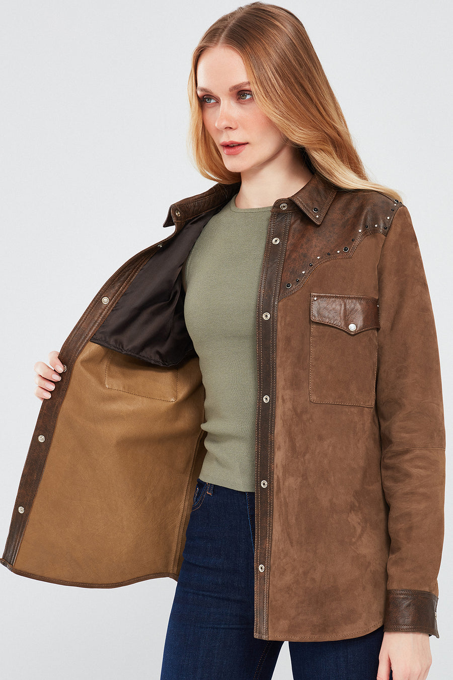 Western Women's Brown Shirt Style Suede Leather Jacket