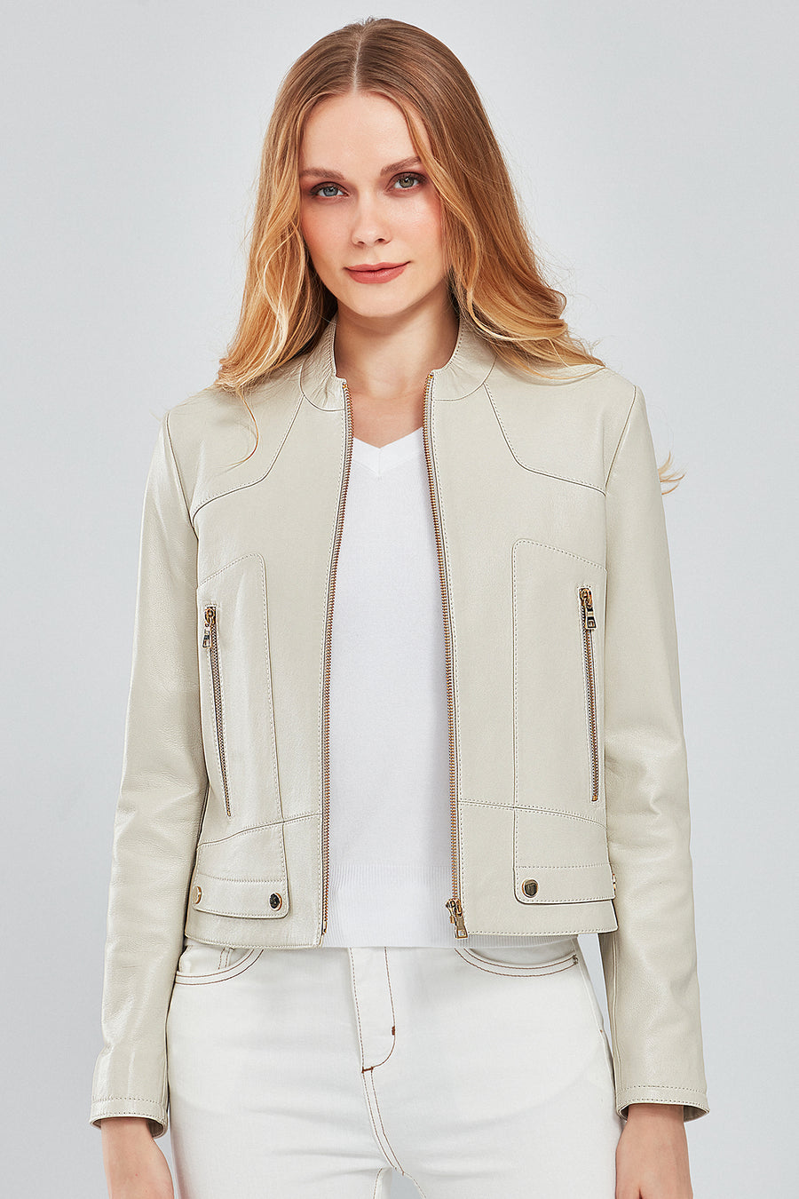 Sharon Women's Beige Short Leather Jacket 24SGE51751M | Derimod