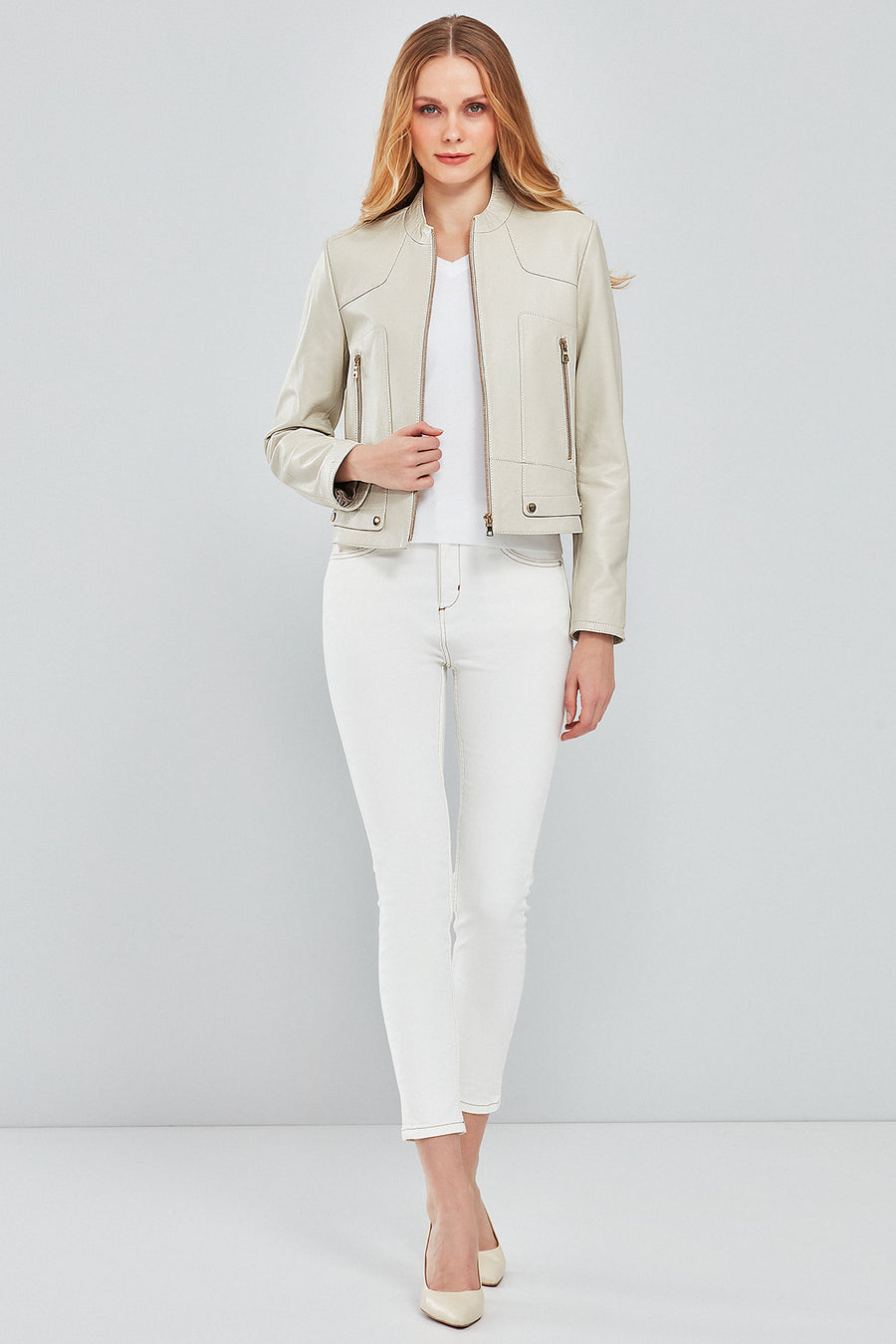 Sharon Women's Beige Short Leather Jacket