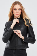 Alison Women's Black Short Leather Jacket | Derimod