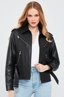 Maya Women's Black Shirt Collar Regular Short Leather Jacket | Derimod