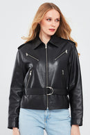 Maya Women's Black Shirt Collar Regular Short Leather Jacket | Derimod