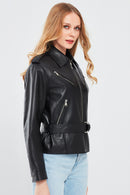 Maya Women's Black Shirt Collar Regular Short Leather Jacket | Derimod