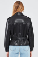 Maya Women's Black Shirt Collar Regular Short Leather Jacket | Derimod