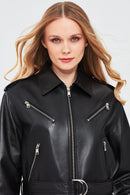Maya Women's Black Shirt Collar Regular Short Leather Jacket | Derimod